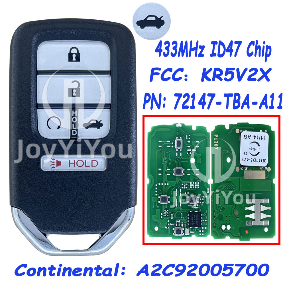 PN: 72147-TBA-A11 / FCC:KR5V2X /  433MHz ID47 Chip For 2016-2021 Honda Civic / 5-Button Smart Key / AFTERMARKET