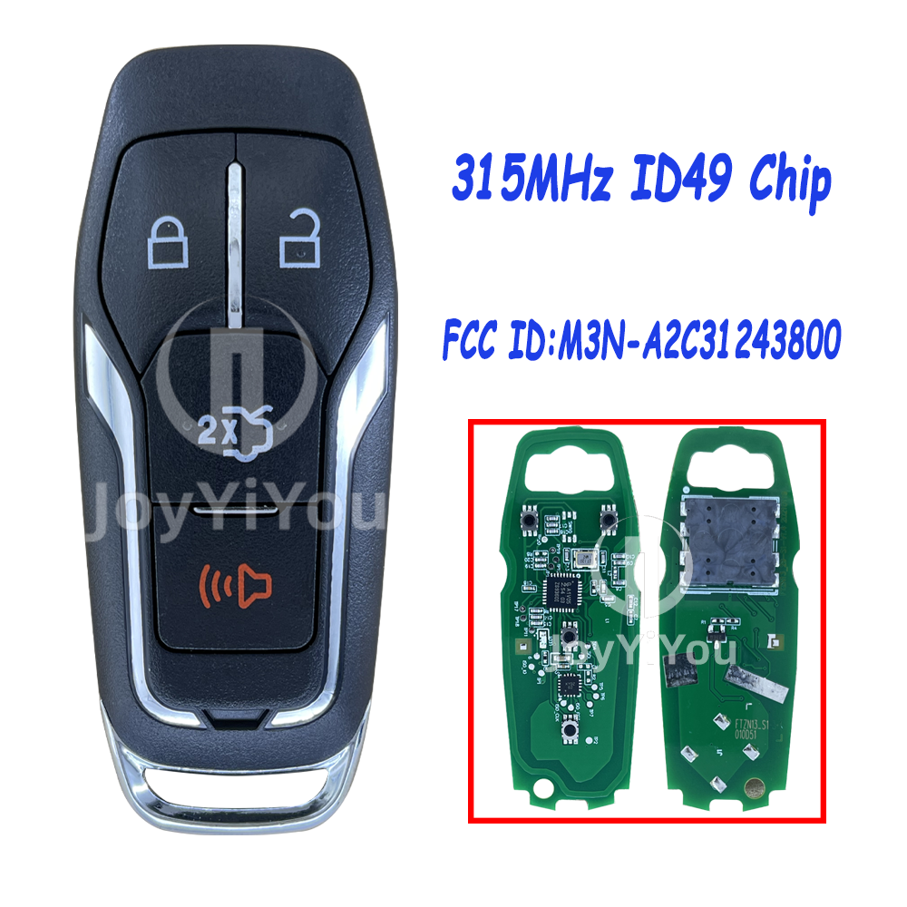 FCC ID:M3N-A2C31243800 315MHz ID49 Chip 4Button Smart Key For Ford With Emergency HU101 Blade Without Log