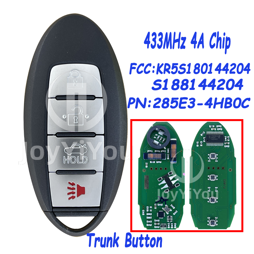 PN: 285E3-4HB0C / KR5S180144204/S180144204/433MHz 4A Chip For 2016-2020 INF Q50 / Q60 / 4-Button-Trunk Smart Key 
