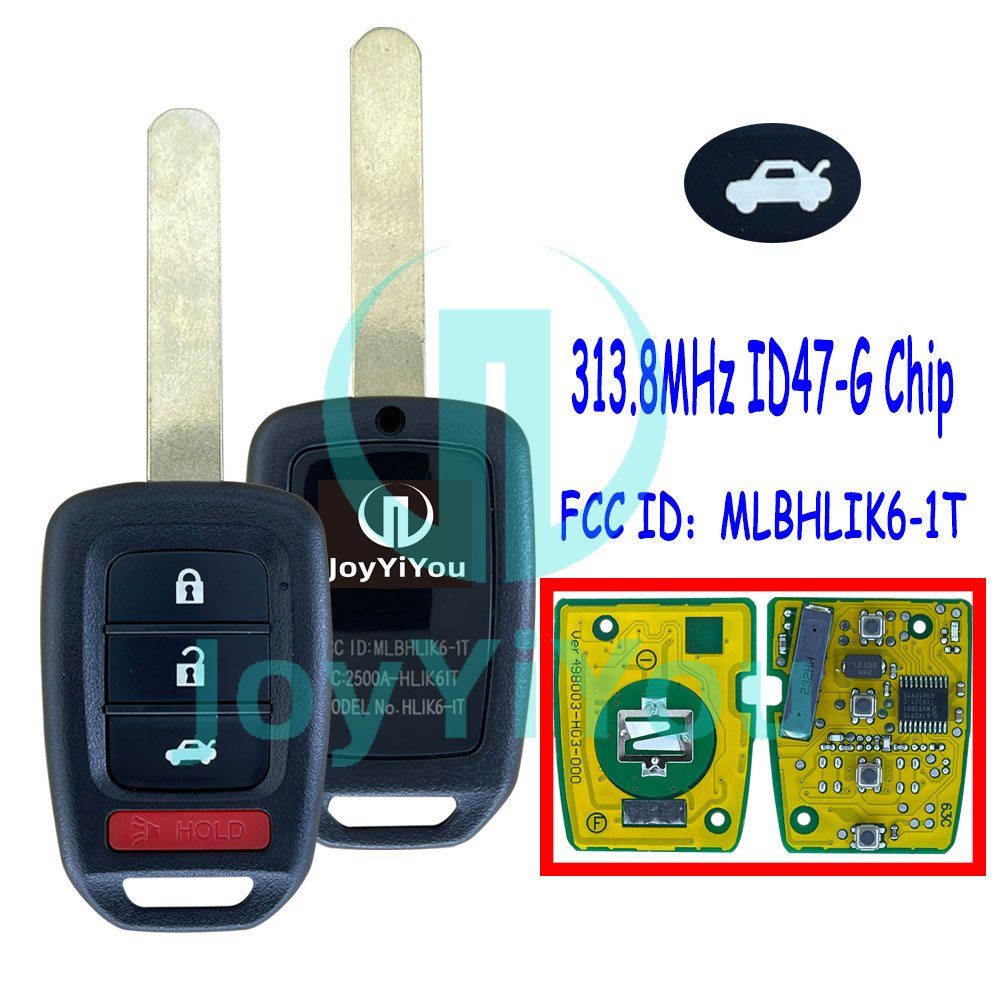 Yellow PCB FCC:MLBHLIK6-1T 3+1Button-Trunk 313.8MHz ID47 Chip-G Remote Key For HON ACCORD CIVIC 2013 - 2015