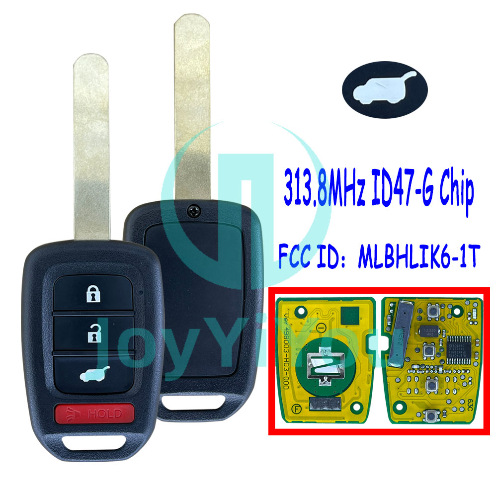 Yellow PCB FCC:MLBHLIK6-1T 3+1Button-Hatch 313.8MHz ID47 Chip-G Remote Key For HON CR-V HR-V 2014 - 2021 （Without Logo）
