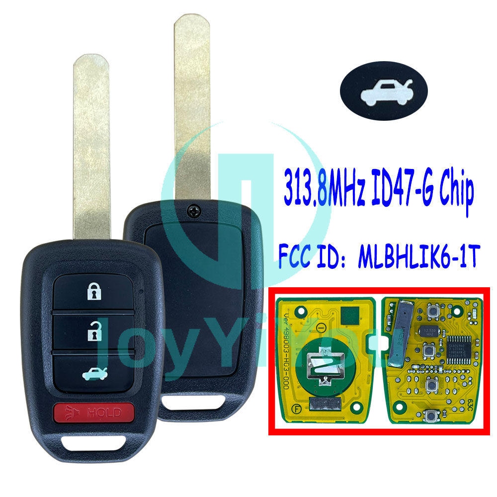 Yellow PCB FCC:MLBHLIK6-1T 313.8MHz ID47 Chip-G 4Button-Trunk Remote Key For HON ACCORD CIVIC 2013 - 2015 （Without Logo）