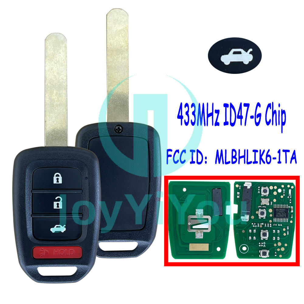 FCC ID: MLBHLIK6-1TA 433MHz ID47-G Chip Remote Key For HON 2016-2020 Accord LX/LXS/SPORT Civci LX 3+1Button-Trunk (Without Logo)