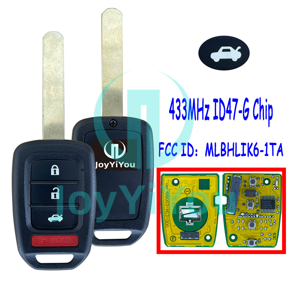 Yellow PCB FCC ID: MLBHLIK6-1TA 433MHz ID47-G Chip Remote Key For HON 2016-2020 Accord LX/LXS/SPORT Civci LX 3+1Button-Trunk 