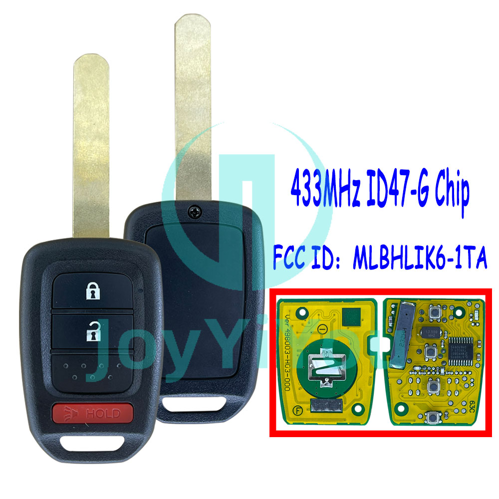 Yellow PCB FCC ID：MLBHLIK6-1TA 433MHz ID47 Chip Remote Key For HON 2+1 Button HON66 Blade （Without Logo）